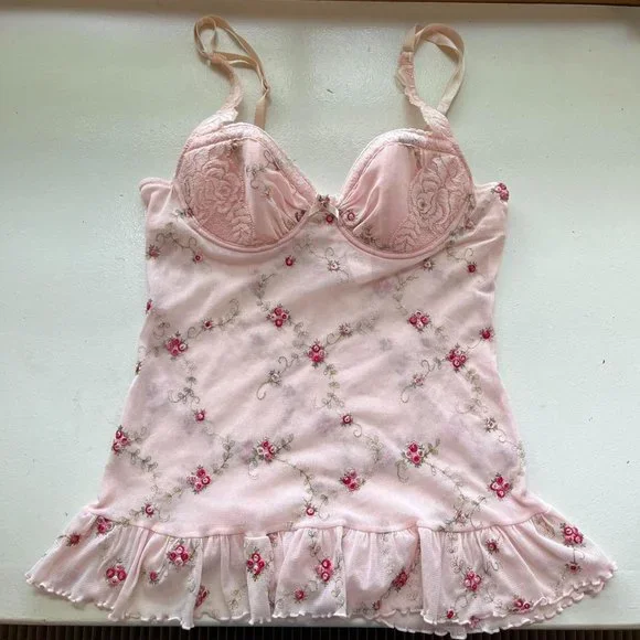 Rare Victoria’s Secret Y2K Pink Fairy Floral Embroidered Mesh Bustier Cami - Picture 1 of 4